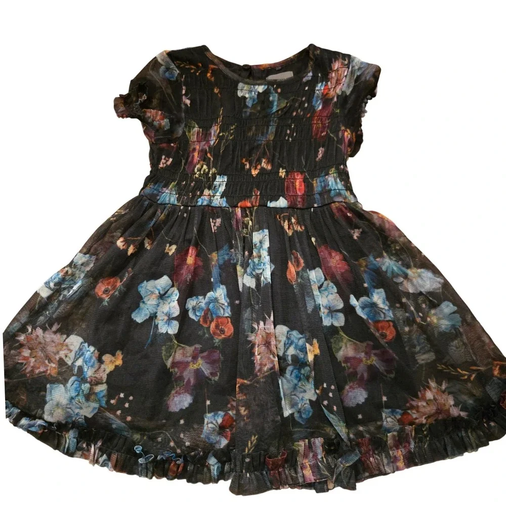 Next Kids Black Floral Mesh Smocked Dress Short Sleeve Ruffle Hem 2-3 Years
